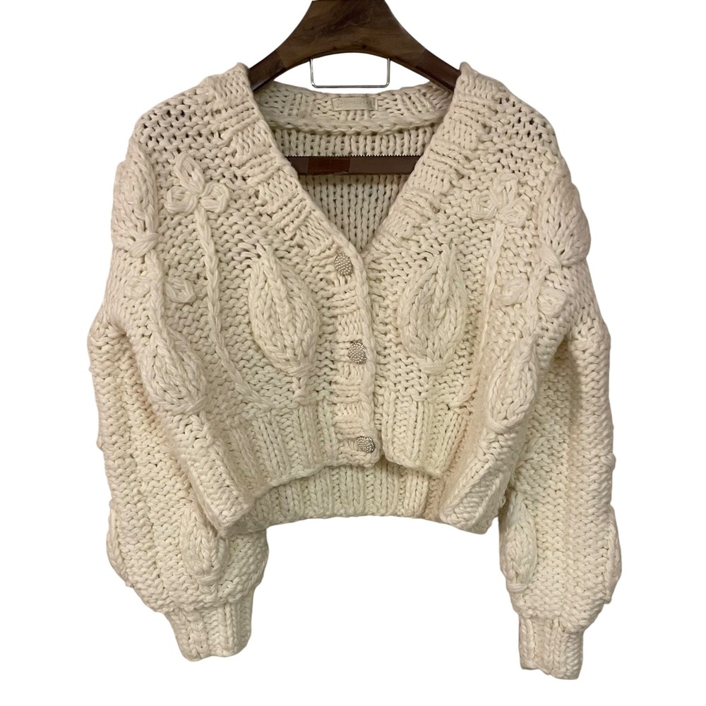 Vita Grace Ivory Chunky Knit Crop Cardigan Pearl Button Slouchy Oversized Cozy M